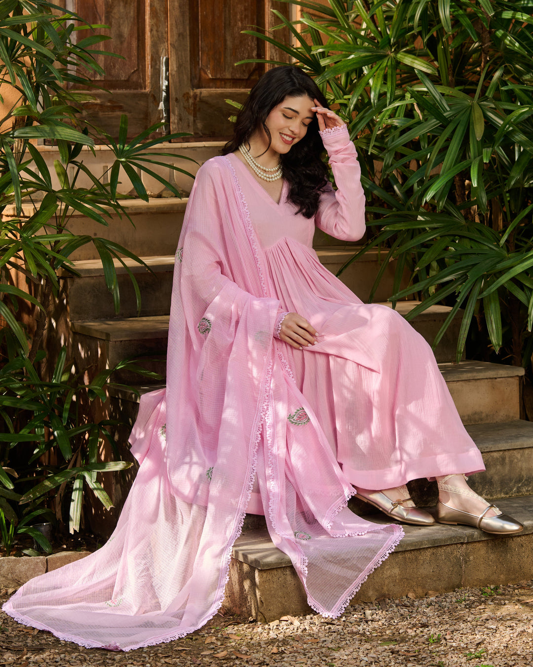 Pero Light Pink Embroidered Cotton Crush Suit Set