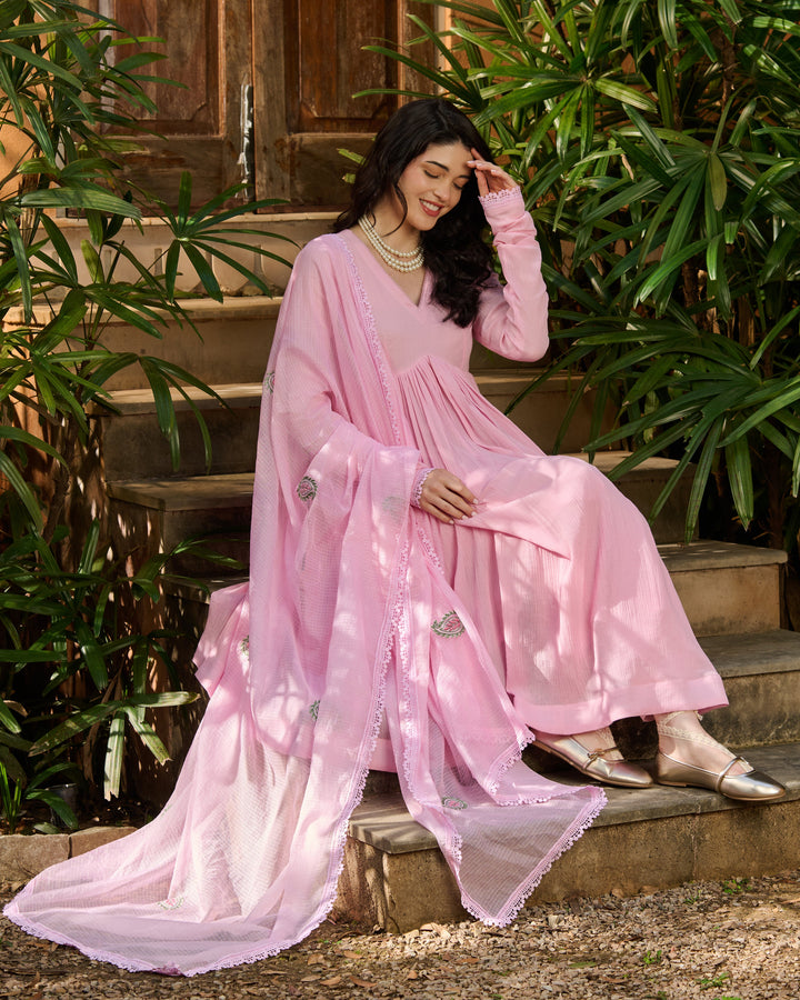 Pero Light Pink Embroidered Cotton Crush Suit Set