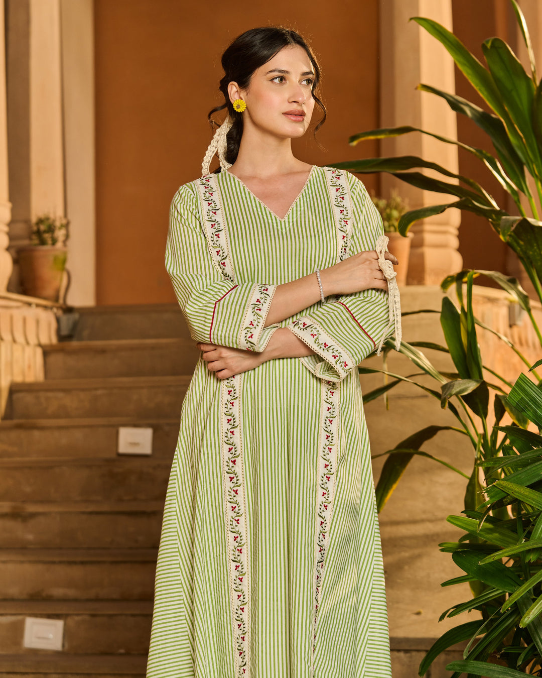 Camille Green Printed Cotton Stripes Kurta Set