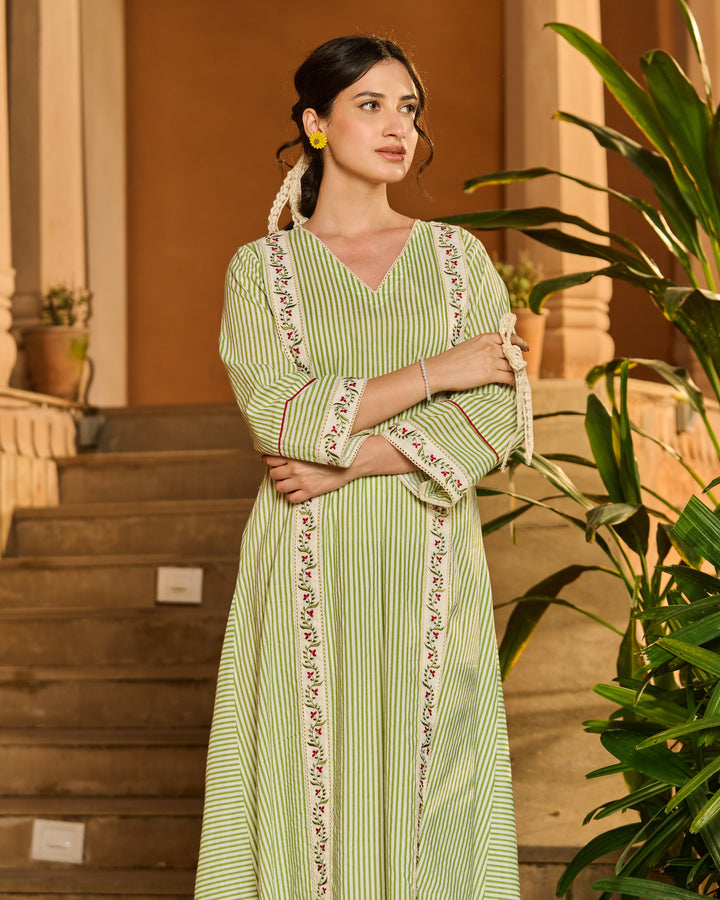 Camille Green Printed Cotton Stripes Kurta Set
