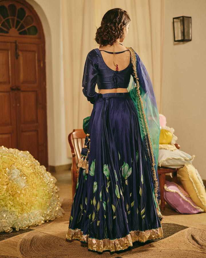 Varnesha Blue Handpainted Chanderi Lehenga Set
