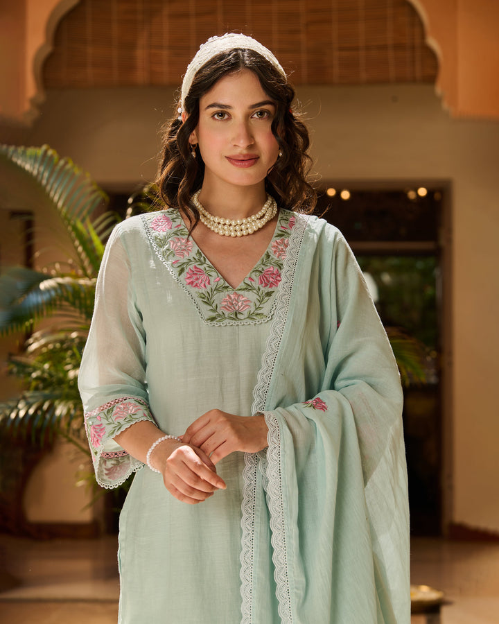 Neer Blue Embroidered Chanderi Suit Set