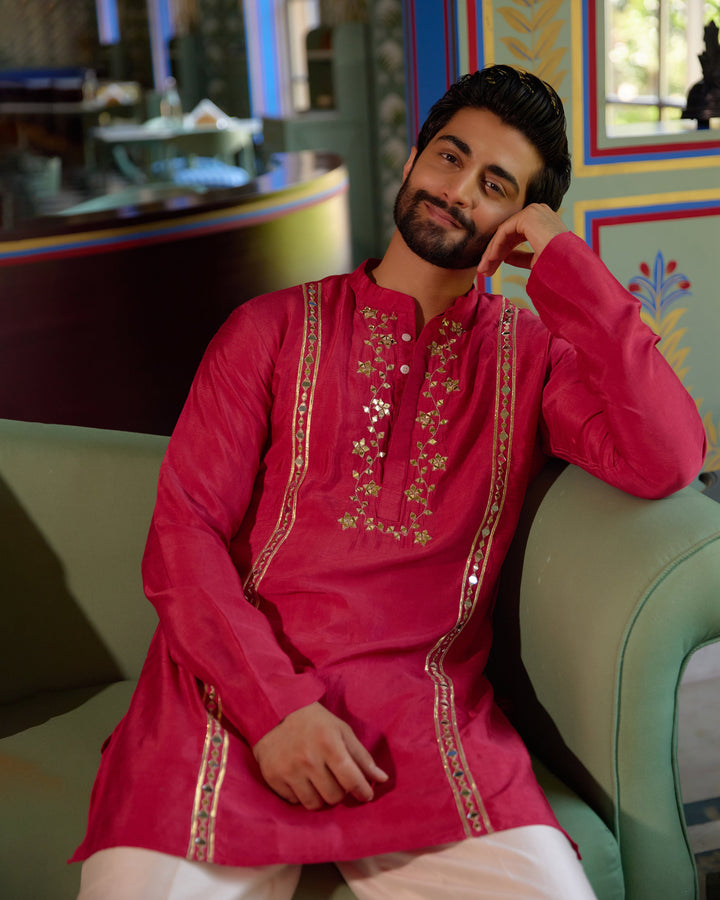 Devdas Pink Silk Embroidered Kurta