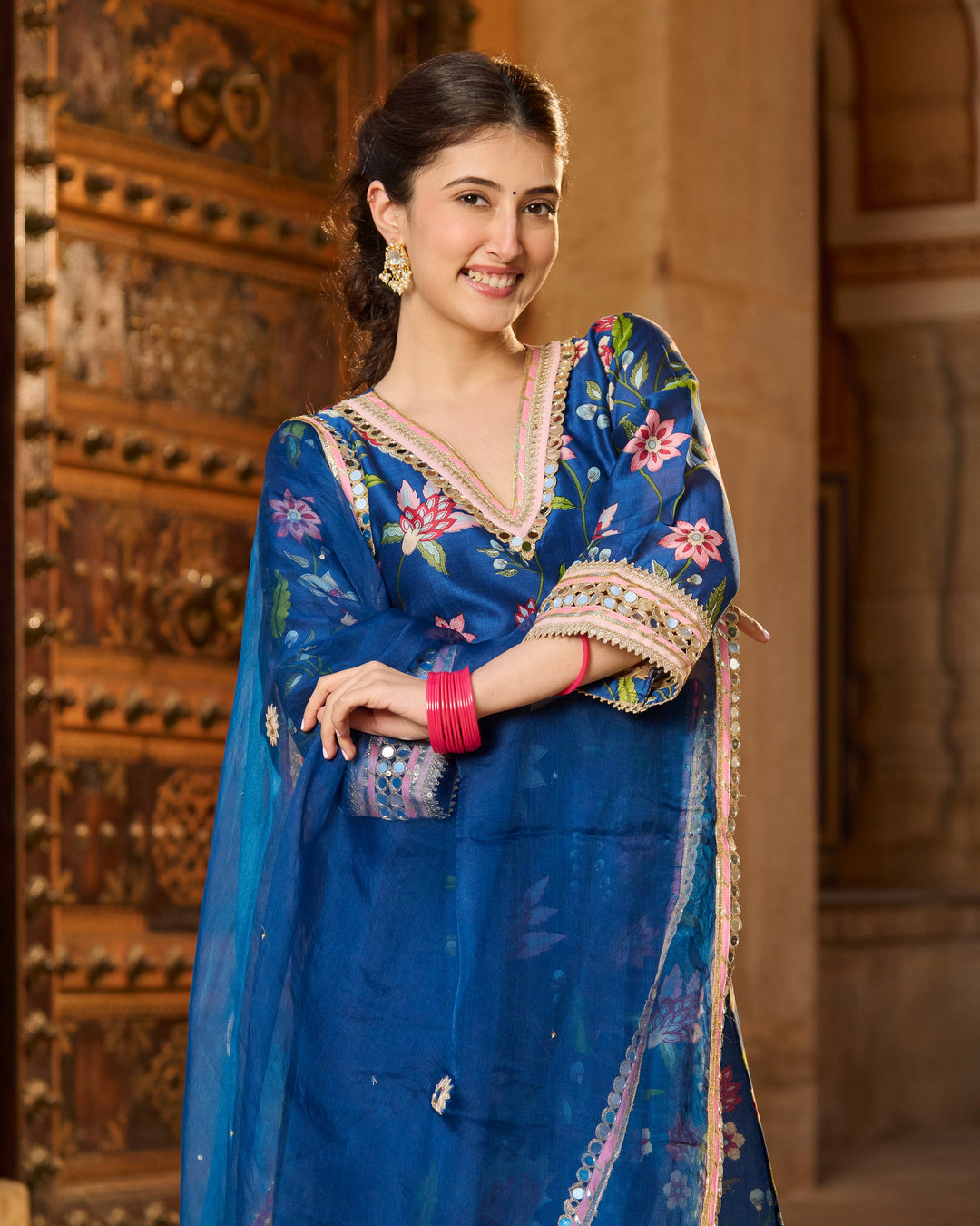 Beat Blue Printed Chanderi Suit Set