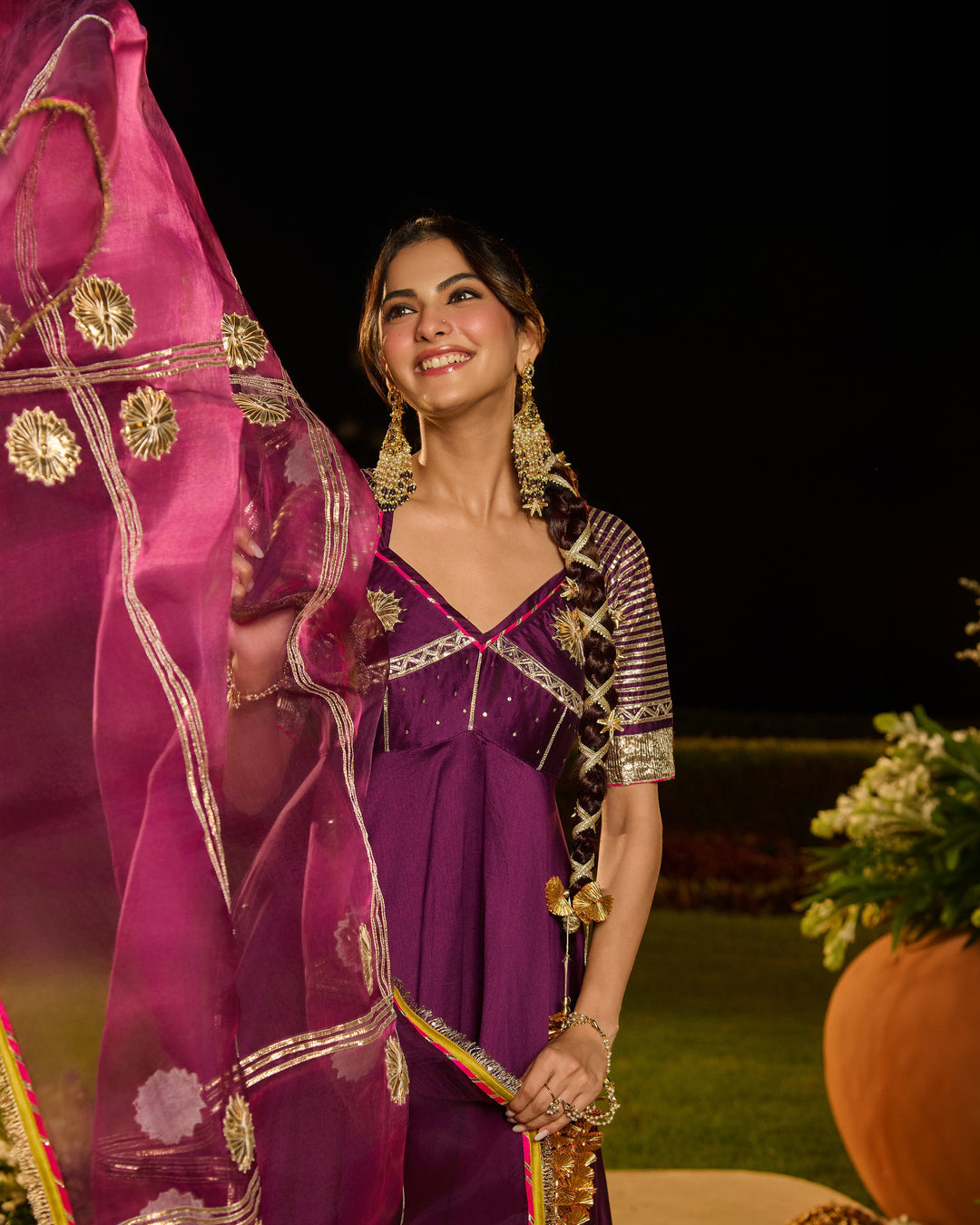 Pravya Purple Embroidered Chanderi Suit Set