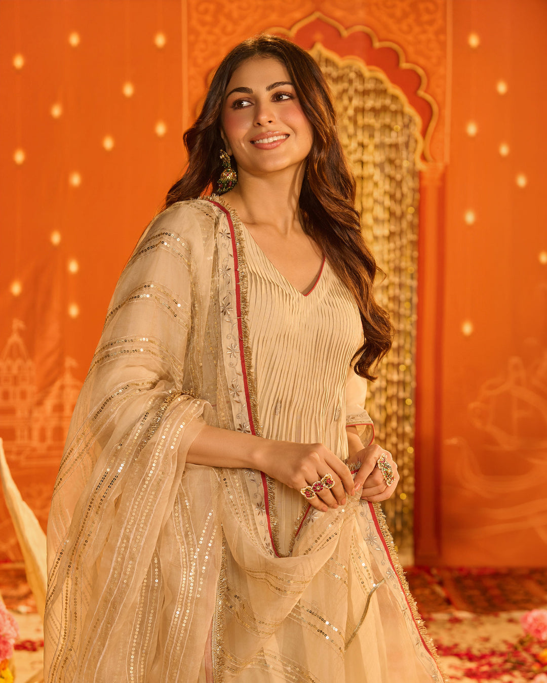 Jyotsna Beige Embroidered Chanderi Suit Set