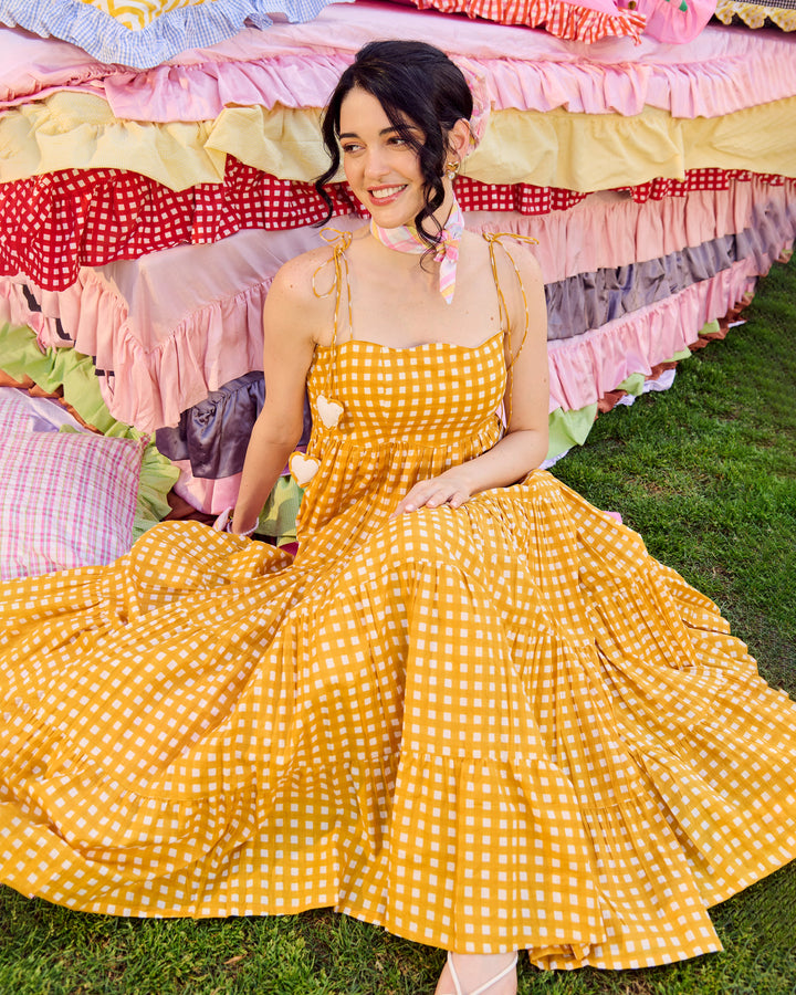 Ulfat Mustard Cotton Checks Printed Dress