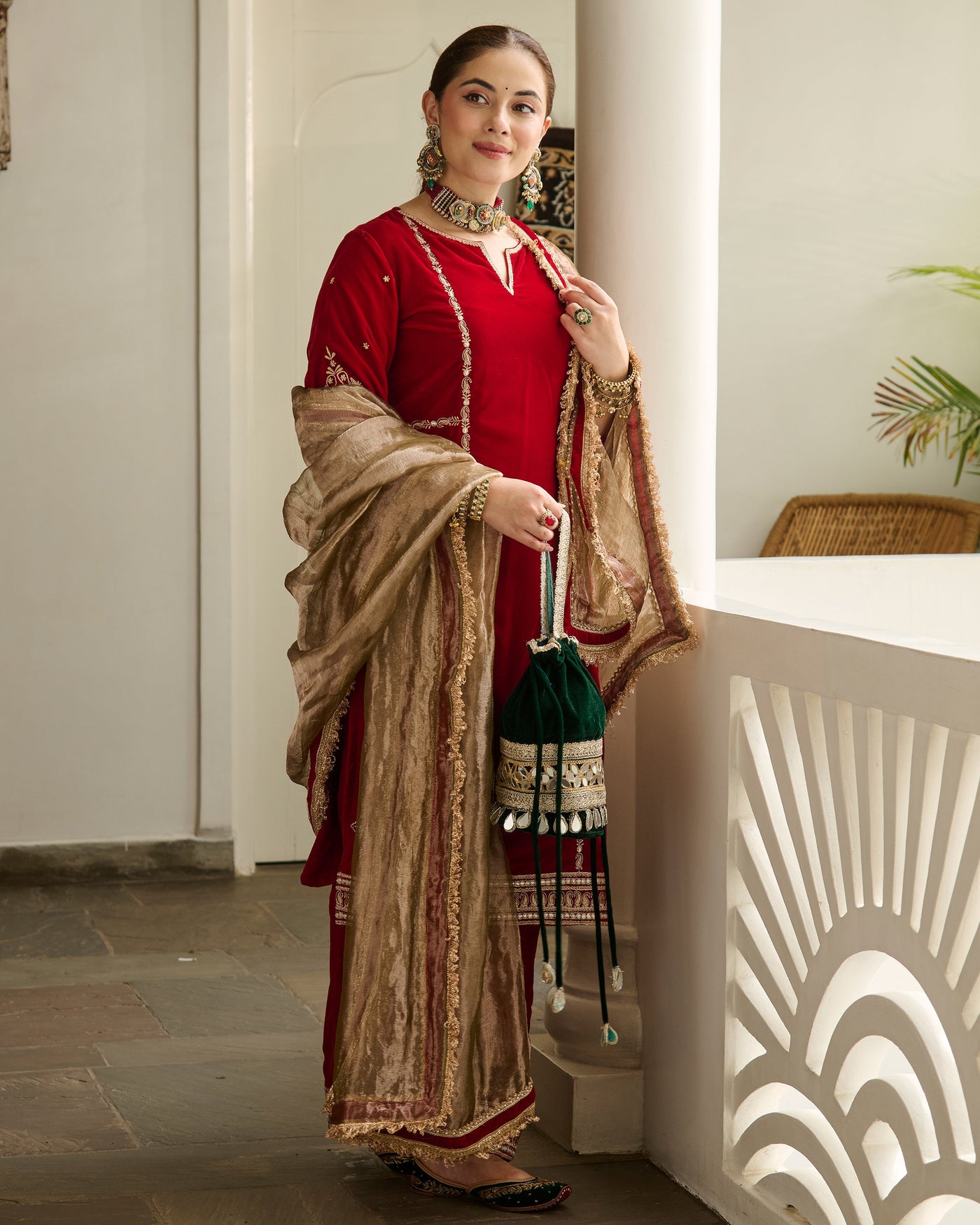 Saya Red Embroidered Velvet Suit Set