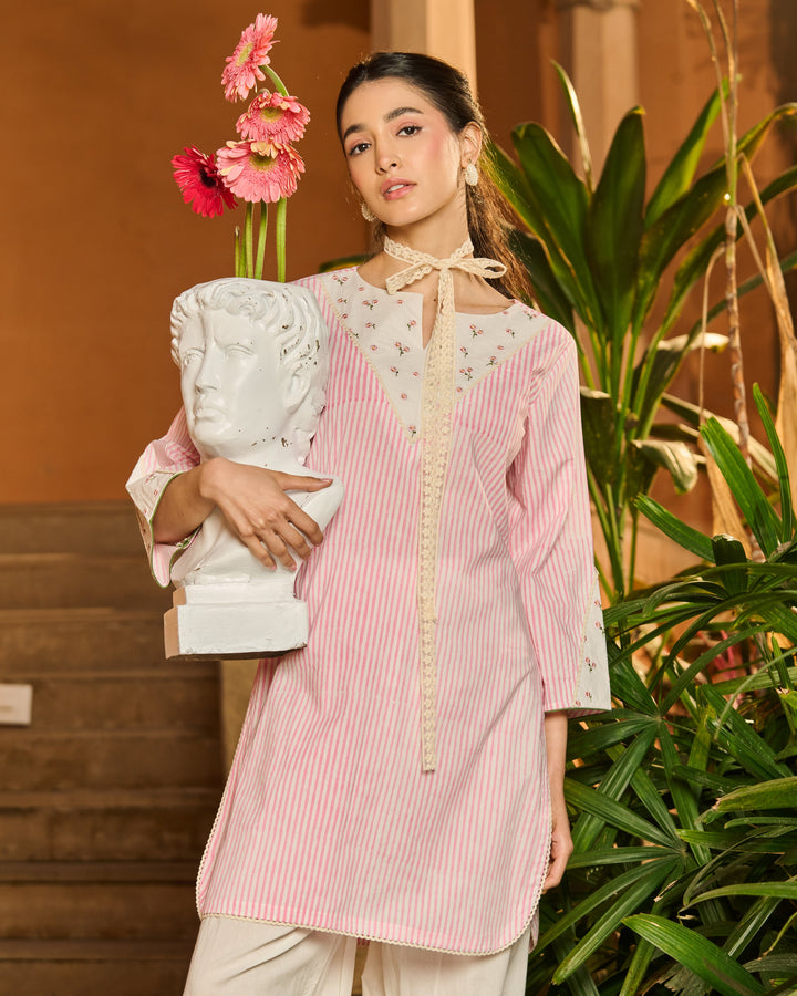 Sabine Pink Printed Cotton Stripes Kurta Set