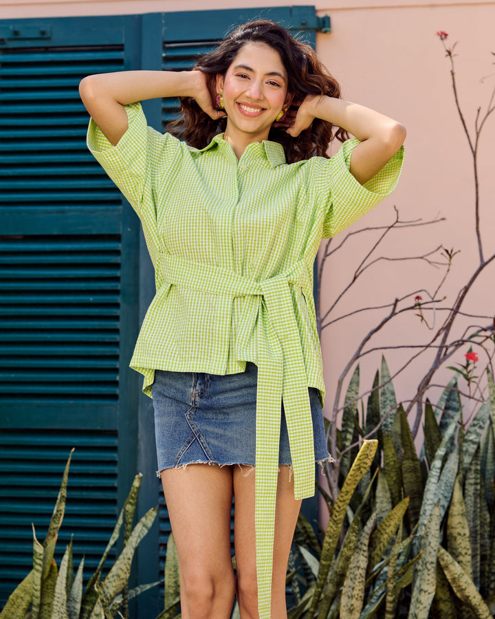 Serin Lime Green Cotton Checks Shirt