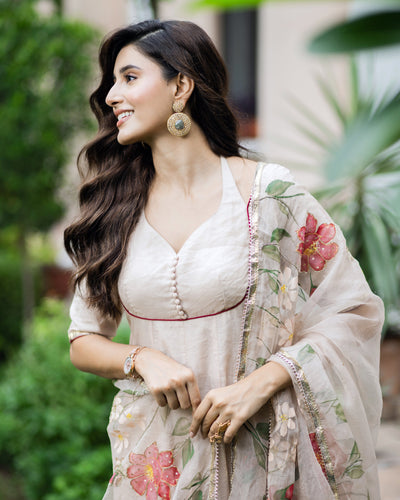 Kamini Beige Handpainted Chanderi Suit Set