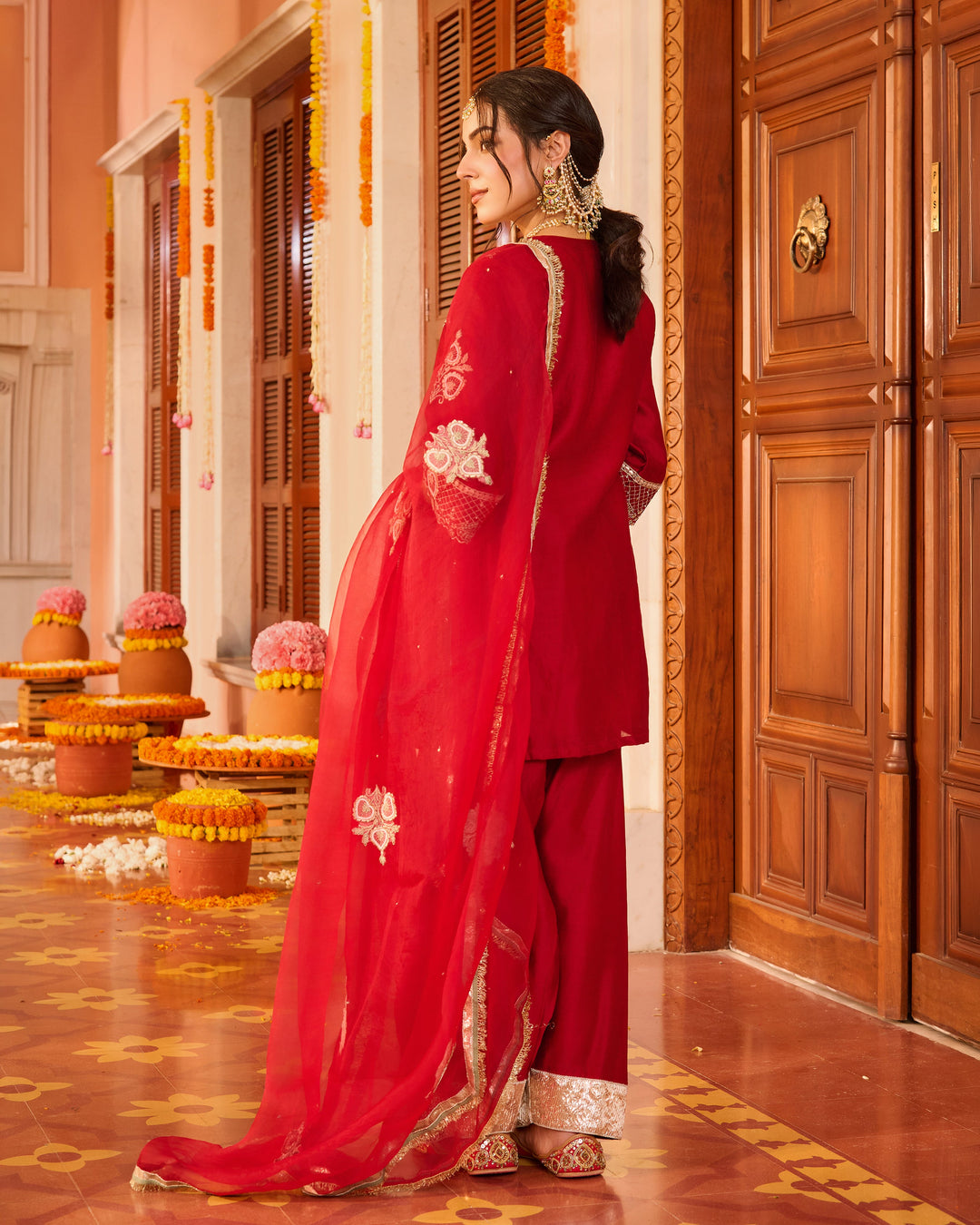 Shubhika Red Embroidered Chanderi Farsi Salwar Set