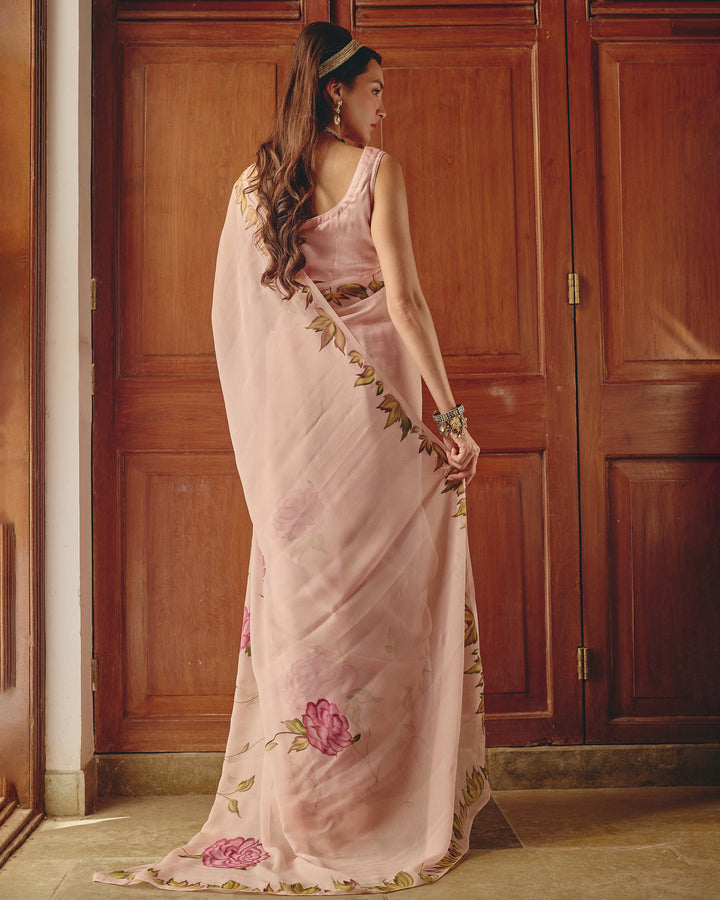 Chitra Rose Pink Handpainted Chiffon Saree