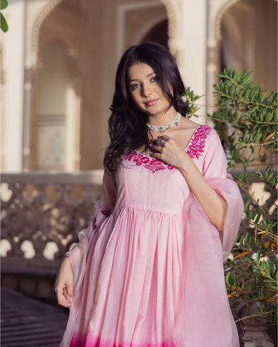 Sweetheart Pink Ombre Embroidered Chanderi Suit Set