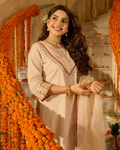 Aarush Beige Solid Chanderi Suit Set