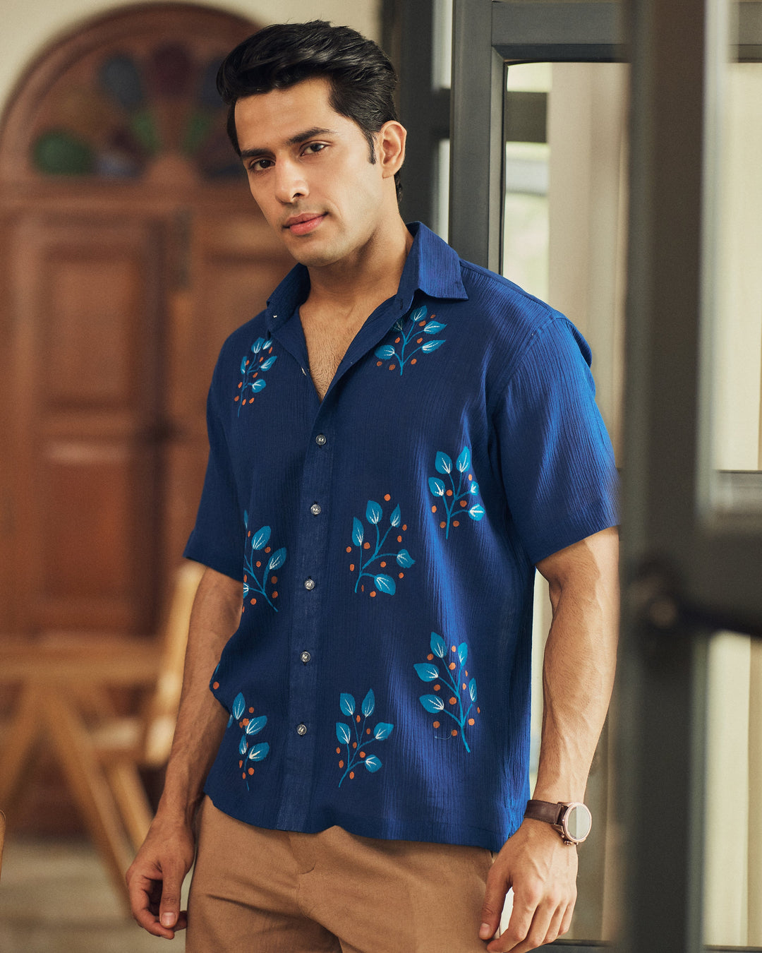 Ivaan Blue Cotton Crush Handpainted Shirt