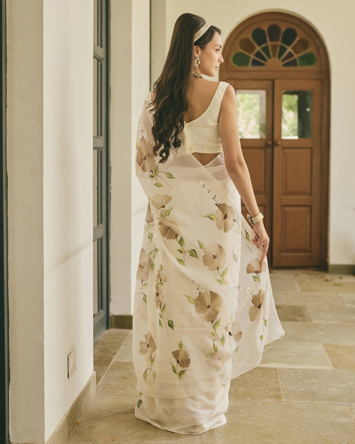 Trail Off White Handpainted Chiffon Saree