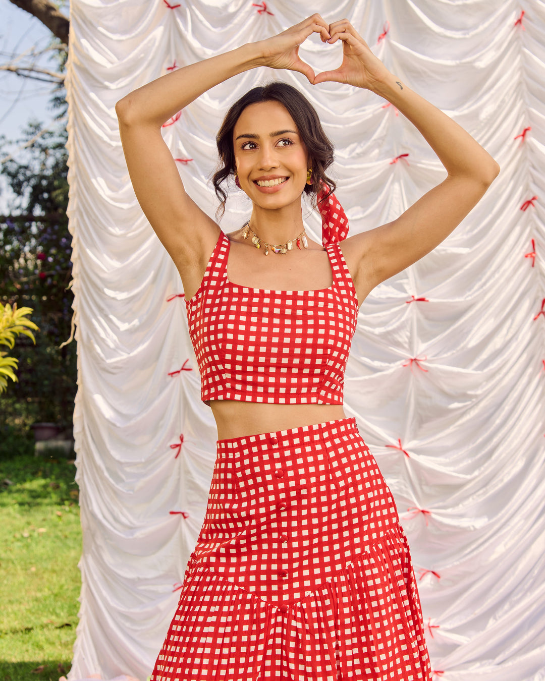 Unnati Red Cotton Checks Printed Coord Set