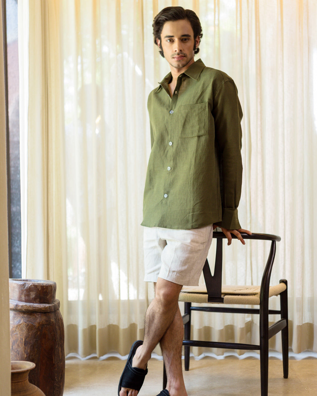 Vaylen Olive Cotton Flex Solid Shirt