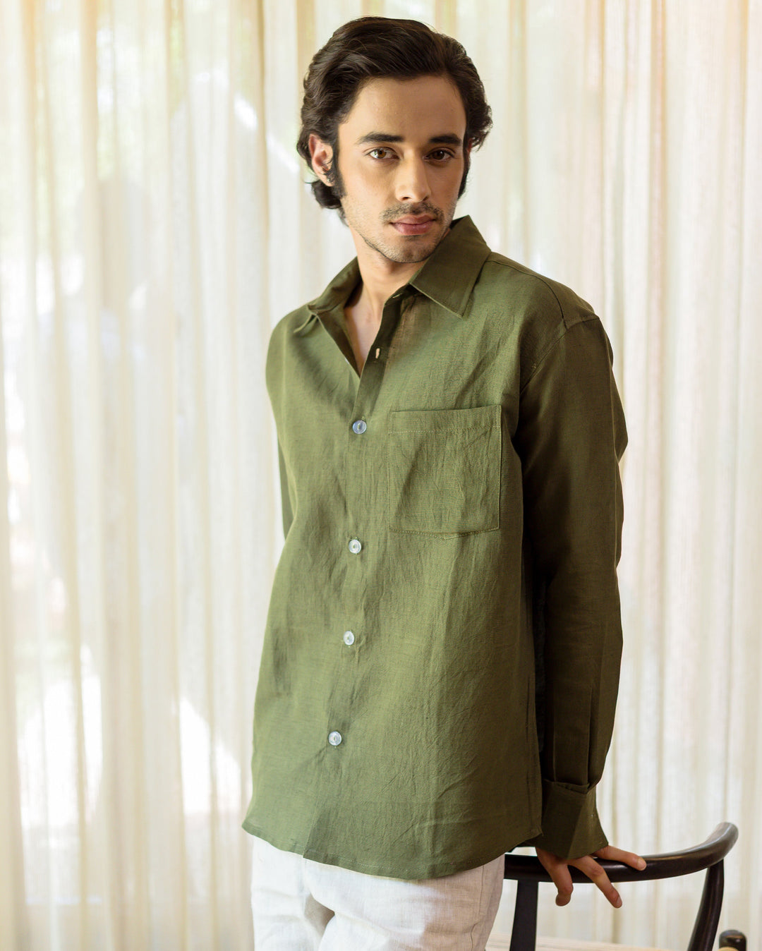 Vaylen Olive Cotton Flex Solid Shirt