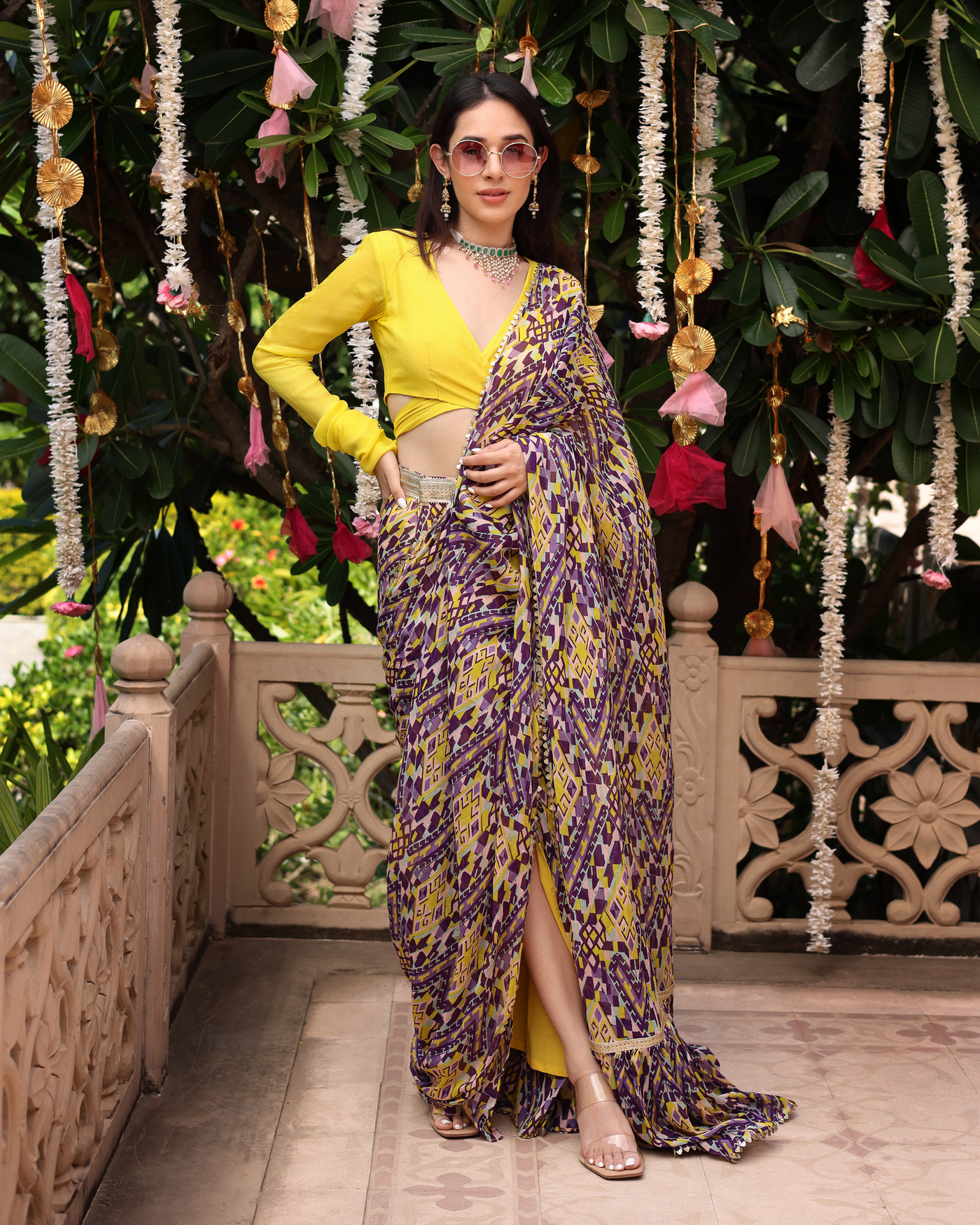 Purple Yellow Melody Printed Chinon Pre Draped Saree