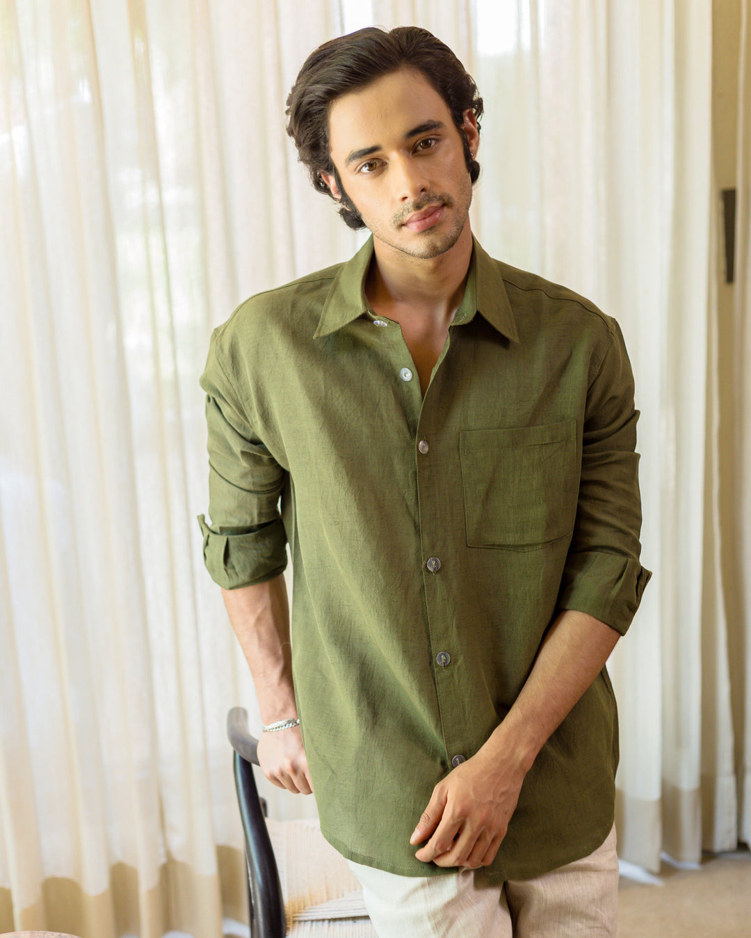 Vaylen Olive Cotton Flex Solid Shirt