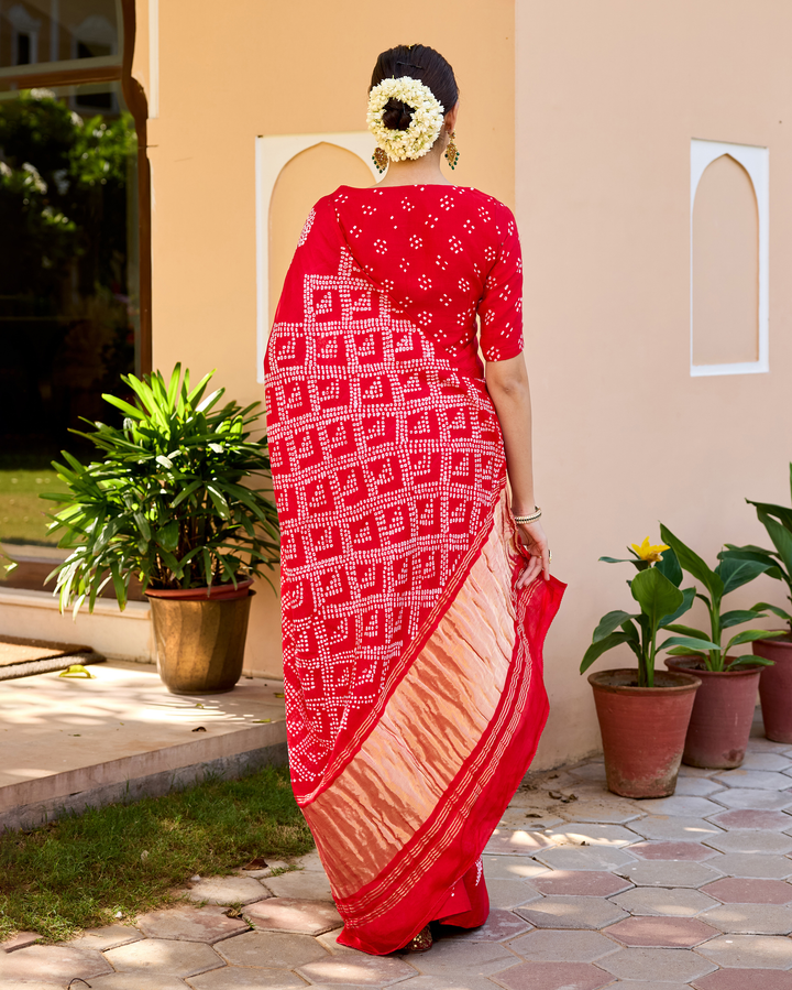 Kumkum Red Gajji Silk Bandhej Saree