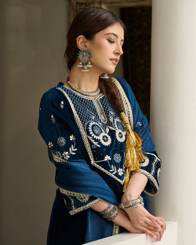 Jai Blue Embroidered Velvet Suit Set