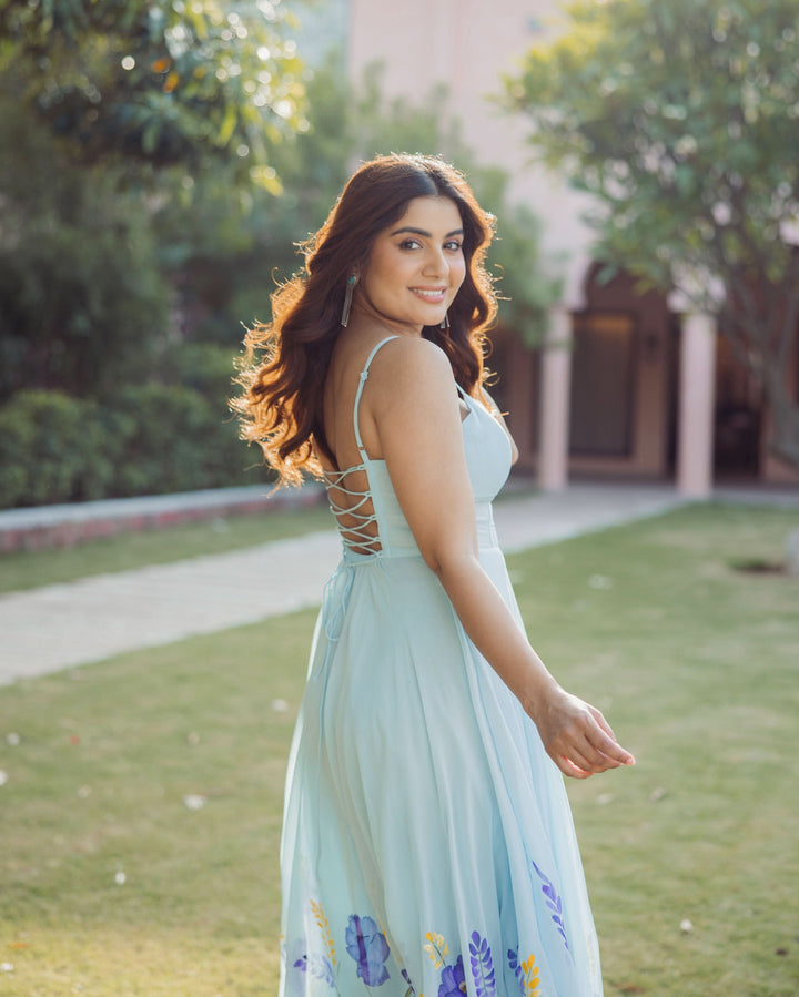 Petal Strokes Blue Handpainted Georgette Dress