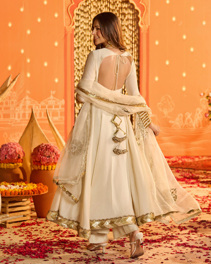 Devika Greyish Off White Embroidered Chanderi Suit Set