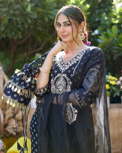 Mantra Black Bandhani Chanderi Suit Set