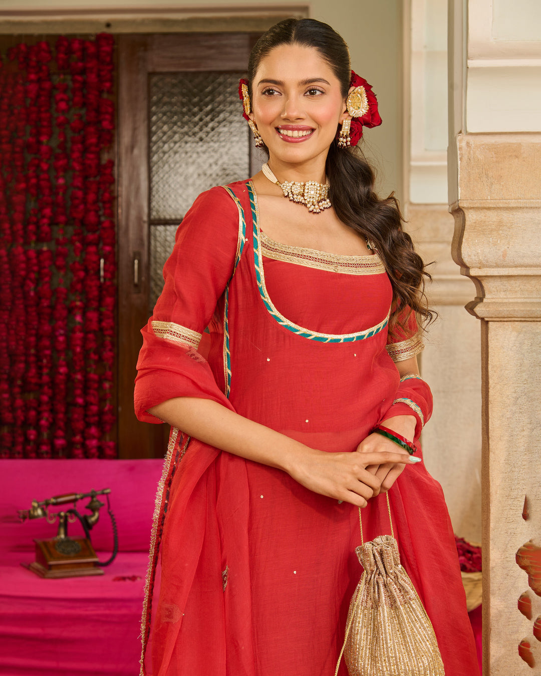 Rust Red Solid Chanderi Suit Set