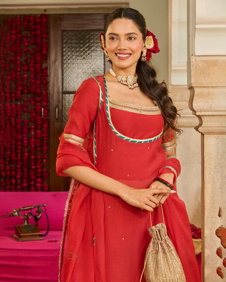 Rust Red Solid Chanderi Suit Set