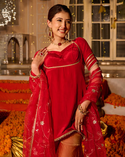 Shubhi Red Solid Satin Sharara Set