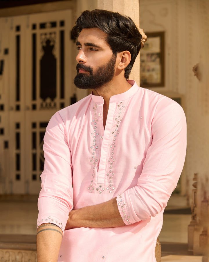 Samar Pink Embroidered Chanderi Solid Kurta