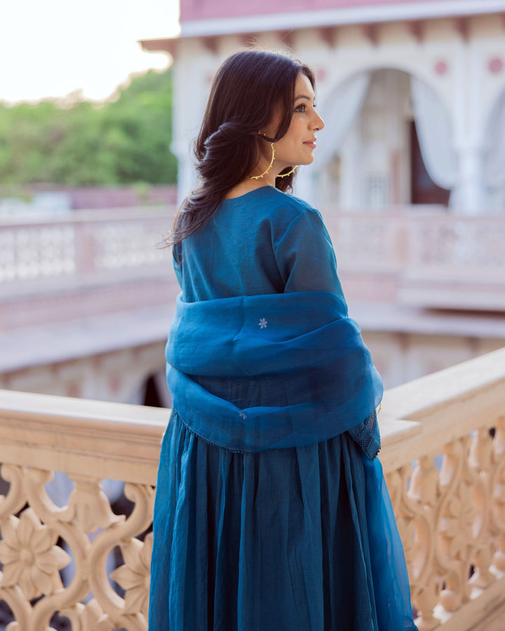 Desi Blue Embroidered Chanderi Suit Set