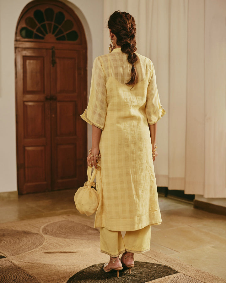 Zivya Yellow Handpainted Cotton Checks Coord Set