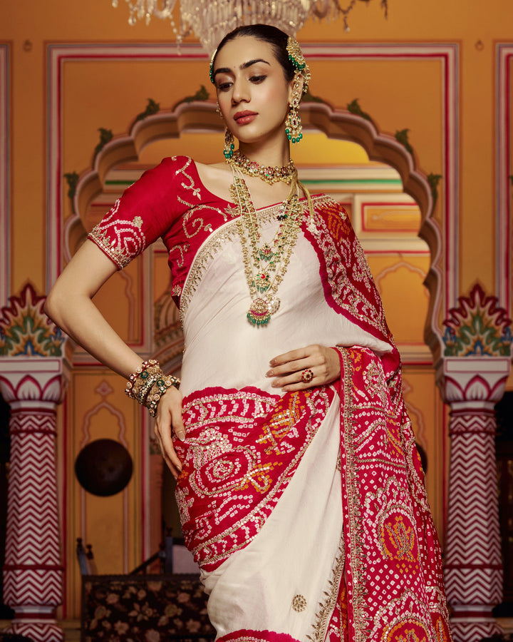 Ghanan White Embroidered Kajol Bandhej Silk Saree