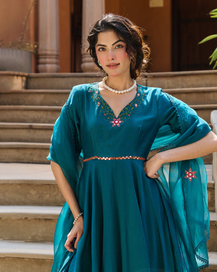 Aavya Green Embroidered Roman Silk Suit Set