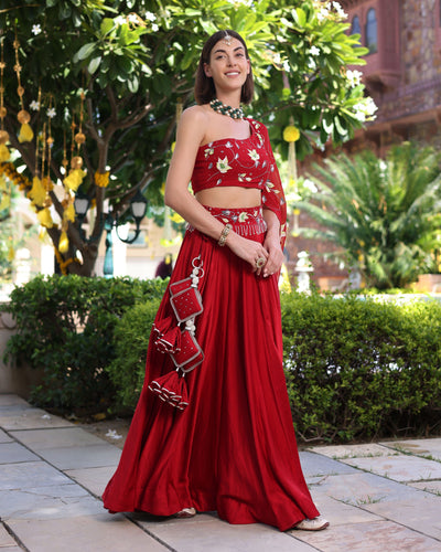 Rutvi Red Handpainted Satin Lehenga Set