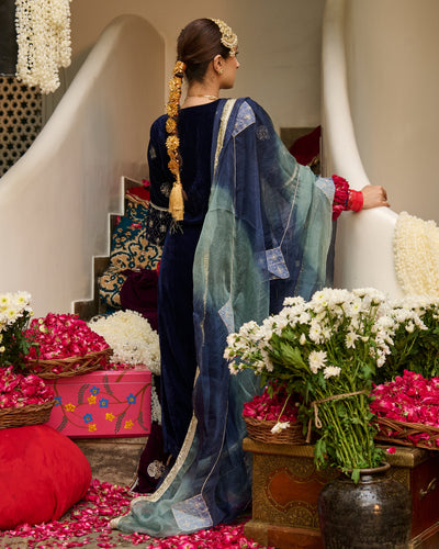 Rayan Blue Embroidered Velvet Suit Set