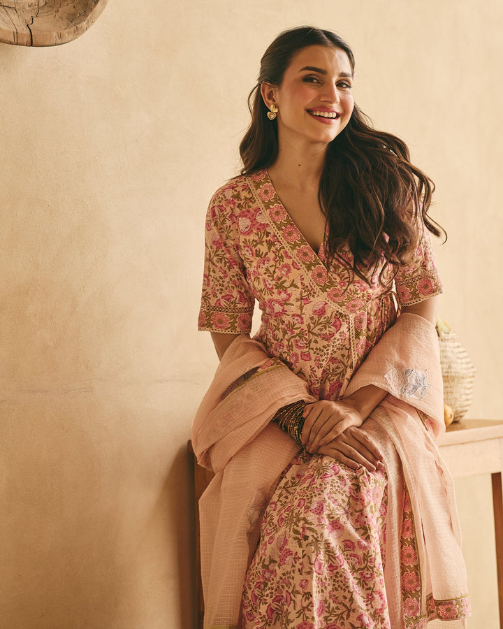 Dima Peach Cotton Printed Suit Set