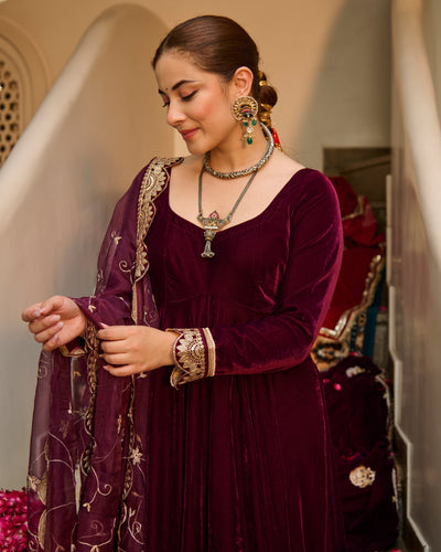 Mahika Purple Solid Velvet Suit Set