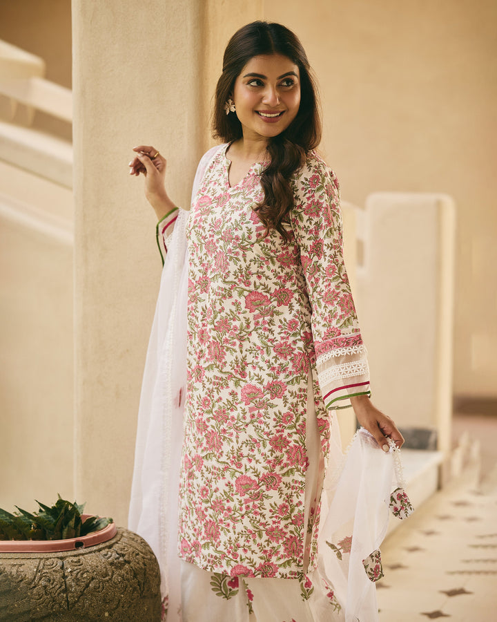 Sasha White Cotton Printed Suit Set