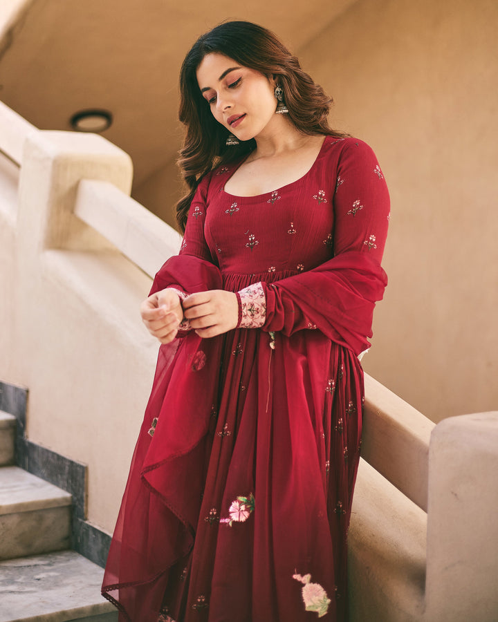 Sara Maroon Cotton Crush Printed Suit Set