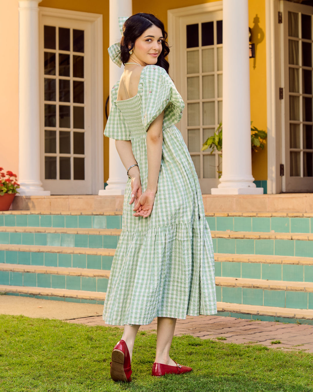 Eilish Green Embroidered Cotton Checks Dress