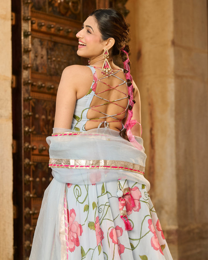 Astra Light Blue Printed Viscose Organza Suit Set