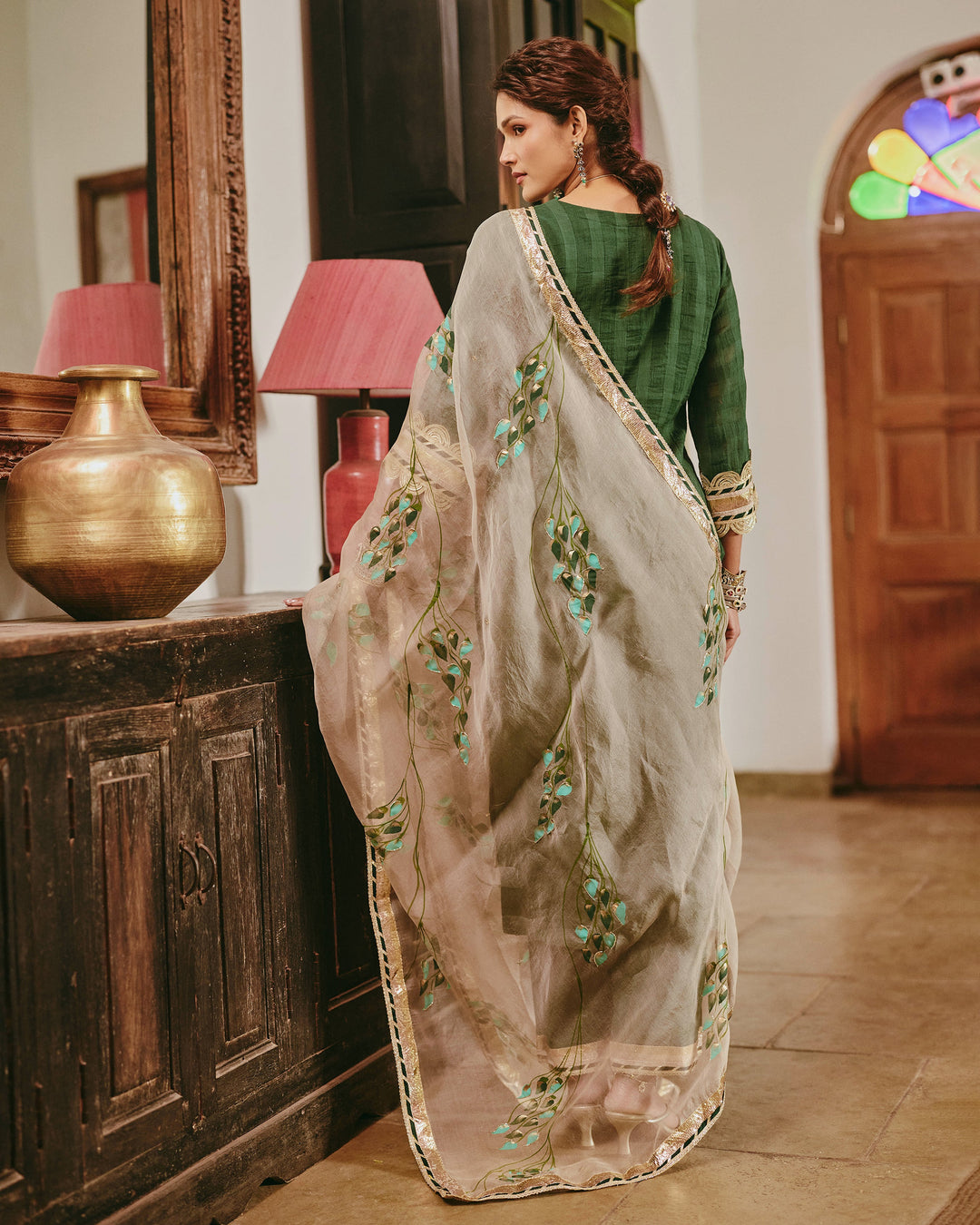 Rangita Green Handpainted Cotton Checks Suit Set