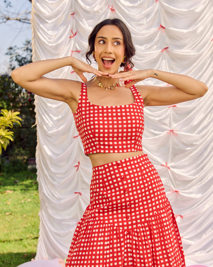 Unnati Red Cotton Checks Printed Coord Set