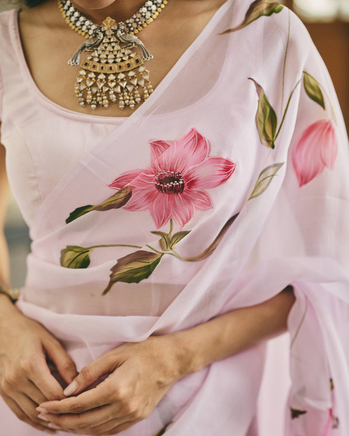 Vine Pink Handpainted Chiffon Saree